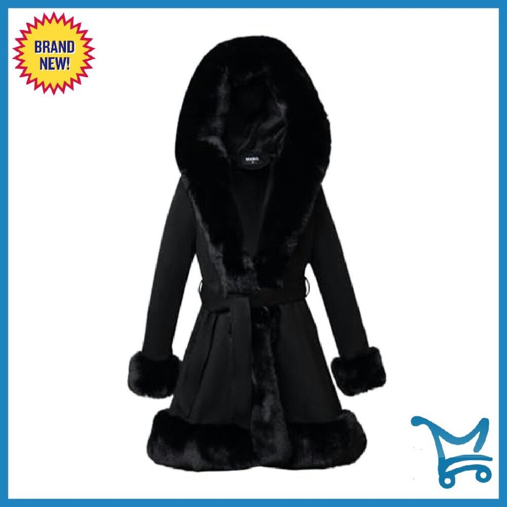 Faux Fur Leather Peplum Parka Coat with Belt, Winter Women's Jacket - Picture 6 of 7